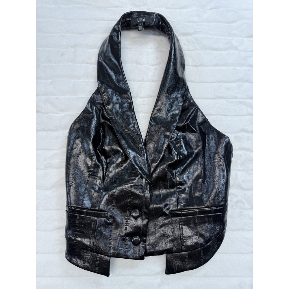 AFRM Cecily Faux Leather Halter Vest Womens Medium Black Button Belted Top *Flaw